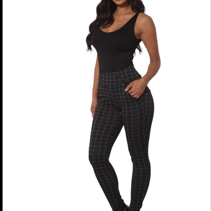 Black Plaid sculpting treggings with waist button detail