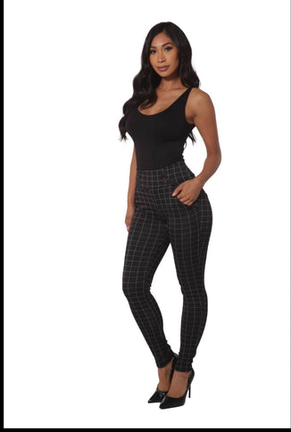 Black Plaid sculpting treggings with waist button detail