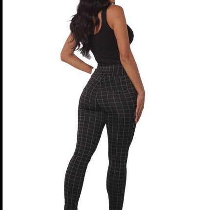 Black Plaid sculpting treggings with waist button detail