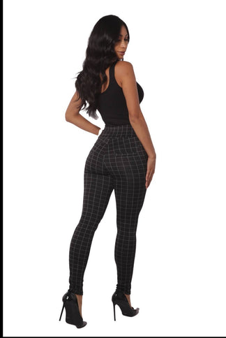 Black Plaid sculpting treggings with waist button detail