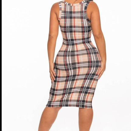 Khaki plaid notch neckline midlength dress