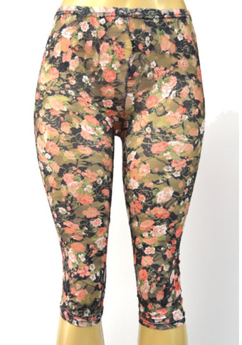 Floral print mesh capri stockings