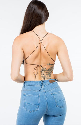 Velvet butterfly print open back crop top