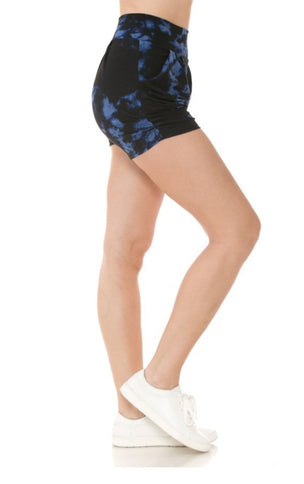 Blue tie die print high rise harem shorts