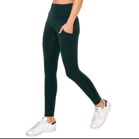 Women's wide waistband leggings pant with pockets Hunter Green