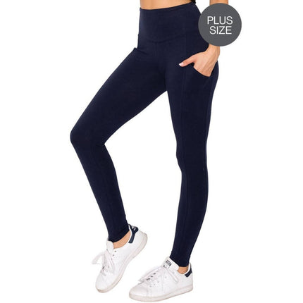 Women's wide waistband leggings pant with pockets Navy Blue