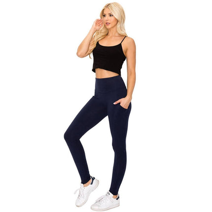 Women's wide waistband leggings pant with pockets Navy Blue