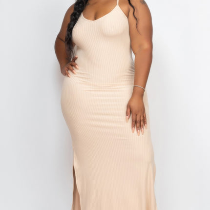 Plus Size Ribbed Side Slit Long Cami Maxi Dress