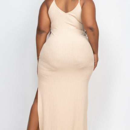 Plus Size Ribbed Side Slit Long Cami Maxi Dress