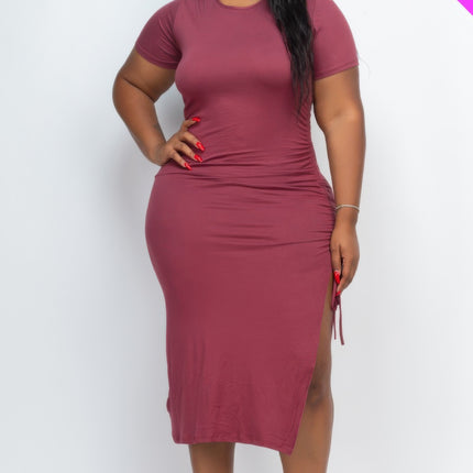 Plus Size Drawstring Ruched Side Split Hem Midi Dress