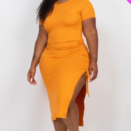 Plus Size Drawstring Ruched Side Split Hem Midi Dress