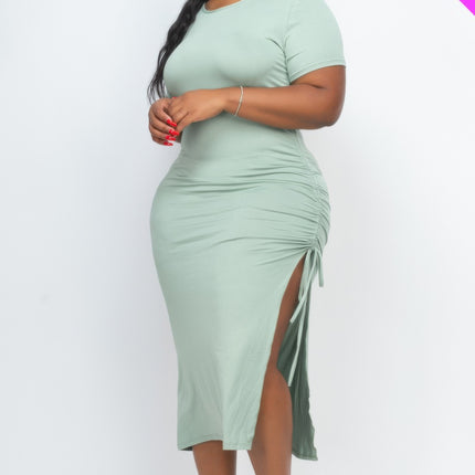 Plus Size Drawstring Ruched Side Split Hem Midi Dress