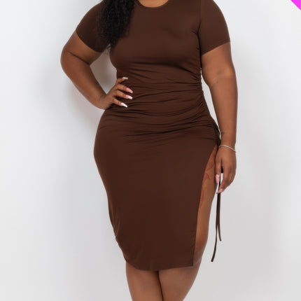 Plus Size Drawstring Ruched Side Split Hem Midi Dress