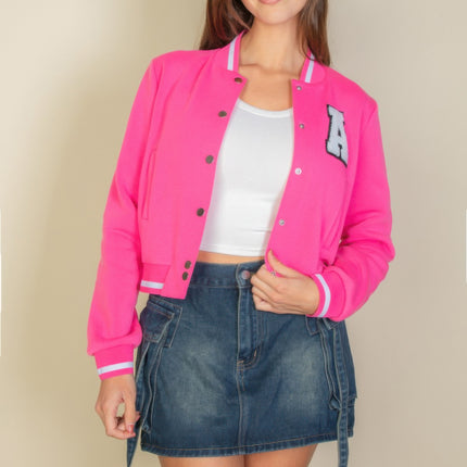 Ezwear Letter Patched Crop Varsity Jacket