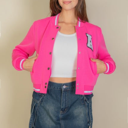 Ezwear Letter Patched Crop Varsity Jacket