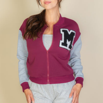 Letter Patched Striped Trim Varsity Jacket