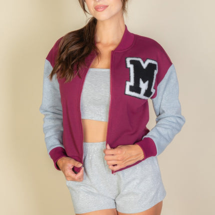 Letter Patched Striped Trim Varsity Jacket