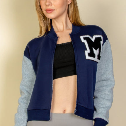 Letter Patched Striped Trim Varsity Jacket