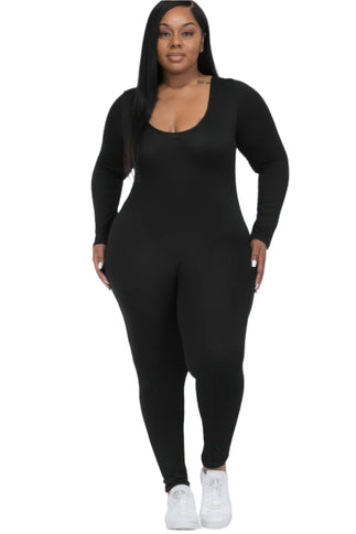 Plus Size Scoop Neck Long Sleeve Bodycon Jumpsuit