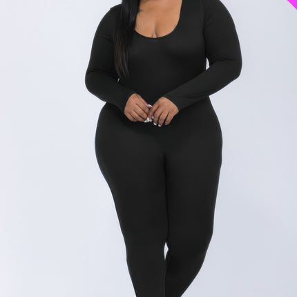 Plus Size Scoop Neck Long Sleeve Bodycon Jumpsuit