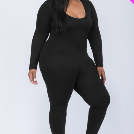 Plus Size Scoop Neck Long Sleeve Bodycon Jumpsuit