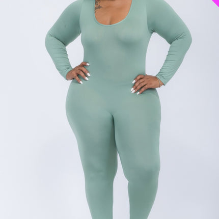 Plus Size Scoop Neck Long Sleeve Bodycon Jumpsuit