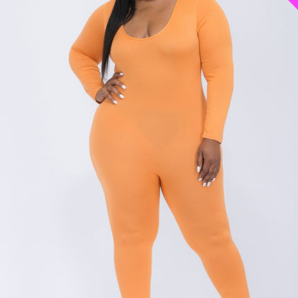 Plus Size Scoop Neck Long Sleeve Bodycon Jumpsuit