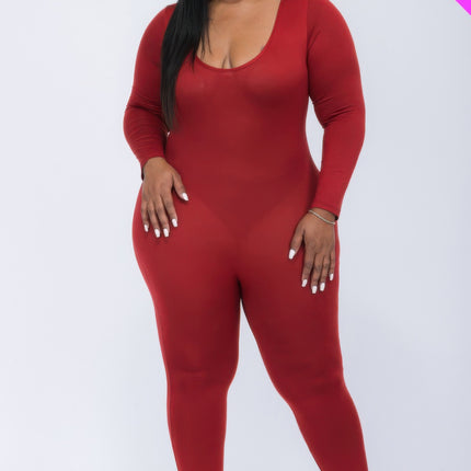 Plus Size Scoop Neck Long Sleeve Bodycon Jumpsuit