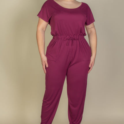 Plus Size Solid Drawstring Short Sleeve Jumpsuit