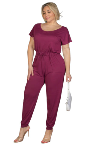 Plus Size Solid Drawstring Short Sleeve Jumpsuit