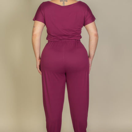 Plus Size Solid Drawstring Short Sleeve Jumpsuit