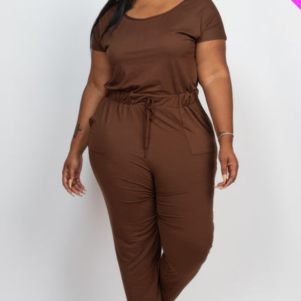 Plus Size Solid Drawstring Short Sleeve Jumpsuit