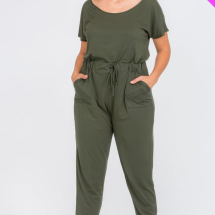 Plus Size Solid Drawstring Short Sleeve Jumpsuit