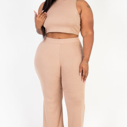 Plus Size Ribbed Mock Neck Crop Tank Top& Bootcut Pants Set