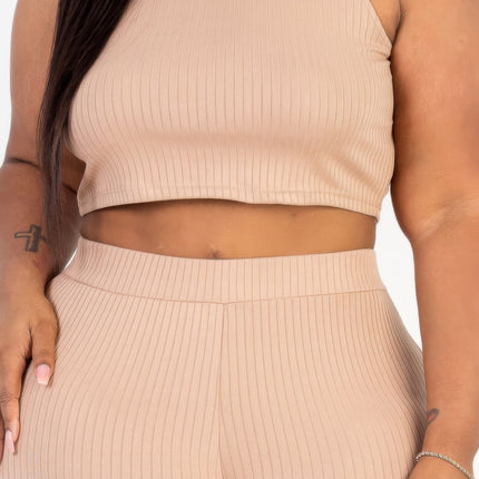 Plus Size Ribbed Mock Neck Crop Tank Top& Bootcut Pants Set