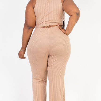 Plus Size Ribbed Mock Neck Crop Tank Top& Bootcut Pants Set