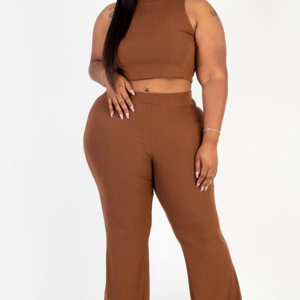 Plus Size Ribbed Mock Neck Crop Tank Top& Bootcut Pants Set