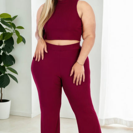 Plus Size Ribbed Mock Neck Crop Tank Top& Bootcut Pants Set