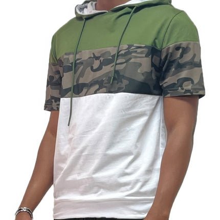 Camo And Solid Design Block Hooded Shirt