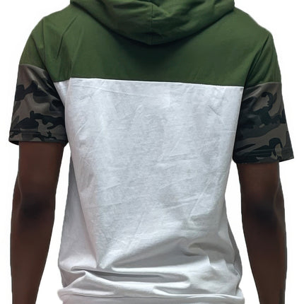 Camo And Solid Design Block Hooded Shirt