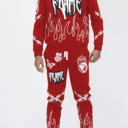 Flame Fire Chenille Hoodie Sweat Set