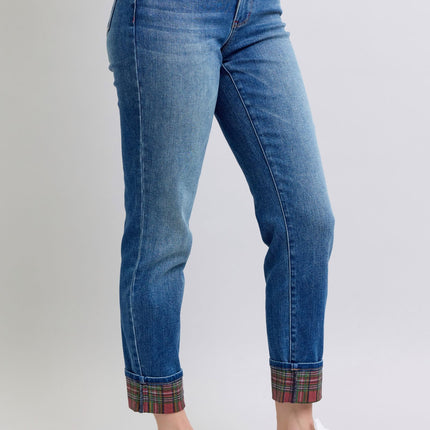 Judy Blue Full Size Plaid Print Cuff Straight Leg Jeans with Pockets