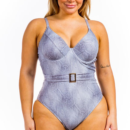 One Piece Buckle Belt embellish Denim Swimsuit