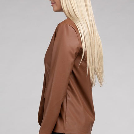 Sleek Pu Leather Blazer with Front Closure