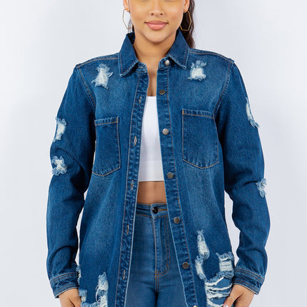 American Bazi Distressed Button Up Long Sleeve Denim Jacket