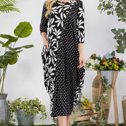 Celeste Full Size Floral Polka Dot Contrast Midi-Dress with Pockets