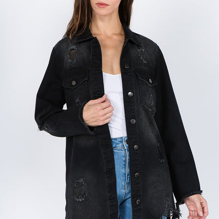 American Bazi Distressed Frayed Hem Denim Jacket