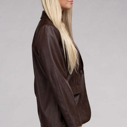 Sleek Pu Leather Blazer with Front Closure