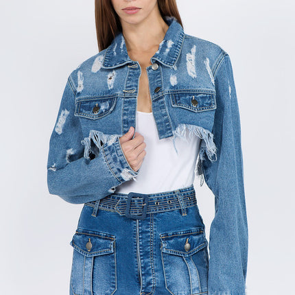 American Bazi Distressed Denim Jacket with Frayed Hem