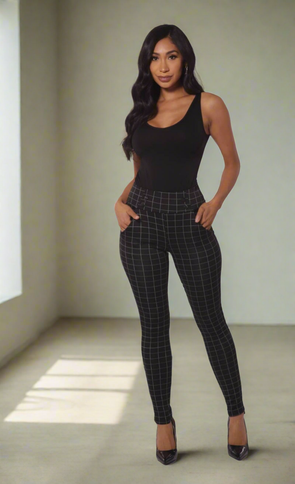 Black Plaid sculpting treggings with waist button detail